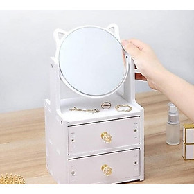 Kệ Mỹ Phẩm Để Bàn 2 Ngăn Gắn Gương Hình Tai Mèo Đáng Yêu- Tặng Kèm Giấy Thấm Dầu Cao Cấp