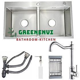 Mua Combo chậu rửa chén bát  Greenenvi sus304 hai hố cân kích thước 7843  vòi rửa bát sus304 cổ điển 2 đường nước  rổ inox  bình xà phòng  bộ xả chậu và dây cấp nước nóng lạnh