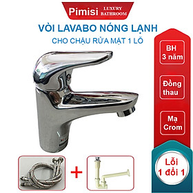 Vòi chậu rửa mặt nóng lạnh Pimisi cho chậu lavabo 1 lỗ bằng đồng thau - mạ crom, niken sáng bóng dùng trong nhà tắm - điều chỉnh nước bằng gật gù nóng lạnh gắn trên bồn chậu rửa mặt treo tường - bàn đá - mặt trên chậu rửa | Hàng chính hãng