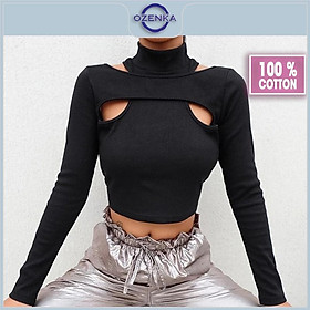 Áo croptop tay dài cổ cao hở vai ôm nữ OZENKA , áo crt kiểu hàn quốc 100% cotton đen trắng dưới 55 kg