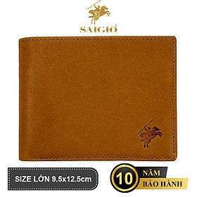 Bóp Nam Hàng Hiệu Da Bò Sáp Waxed, Siêu Bền Bỉ, Size Lớn, Thiết Kế Cổ Điển, Đơn Giản, Dáng Ngang - Gập 2, Ngăn Đựng Tiền Có Khóa Kéo, Nhiều Ngăn Để Giấy Tờ Tiện Dụng - Hàng Chính Hãng SAIGIO