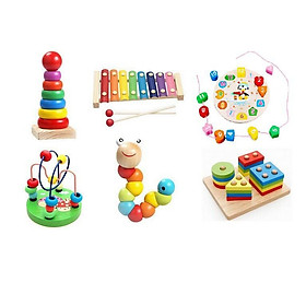 Combo 6 món đồ chơi giáo dục: luồn hạt - sâu gỗ - đàn gỗ - cầu vồng - thả hình 4 trụ - đồng hồ xâu hạt cho bé