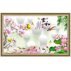Tranh dán tường cửu ngư quần hội bên hoa mẫu đơn NewLuna_0033K
