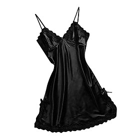 Women Black Sexy V-Neck Lace Trim Nightdress Sleepwear Sleeveless Pajama