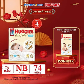 Tã/bỉm dán sơ sinh Huggies Skin Perfect NB 70+4 miếng với 2 vùng thấm giảm kích ứng da