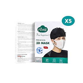 Combo 5 Khẩu Trang 3D Người Lớn Niva Hộp 10 Cái Cấu Trúc 3 Lớp Ngăn Bụi Mịn Kháng Khuẩn Hàng Chính Hãng Cao Cấp