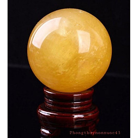 Quả Bi cầu phong thủy đá Canxit vàng, 10cm nặng 1.8kg, tặng kèm đế gỗ