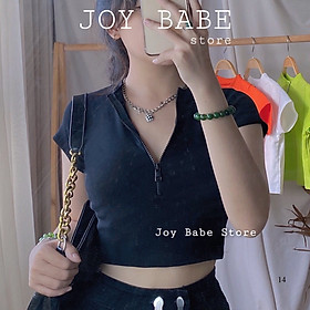 Áo thun croptop cổ bẻ kéo khóa JOY BABE thun xịn co giãn 4 chiều  crop polo trơn basic cam xanh lá sáng da CRON 14 -4E