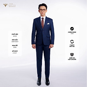 NGUYÊN BỘ MÀU XANH NAVY TRƠN 2 KHUY 3 TÚI, CHẤT LIỆU WOOL NOBILITY