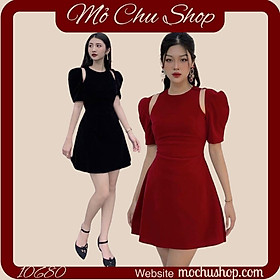 ĐẦM XÒE NHUNG KHOÉT VAI TAY BỒNG 77622625 [MỎ CHU SHOP