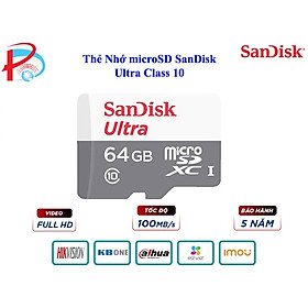 Thẻ nhớ Micro SD SanDisk Ultra 64GB UHS-I - 100MB/s Class 10, Thẻ nhớ camera, Thẻ nhớ điện thoại - Hàng Chính Hãng