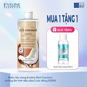 [ Tặng chai 100ml ] Nước tẩy trang Eveline Rich Coconut dưỡng ẩm tinh dầu dừa 2 tác động 500ML