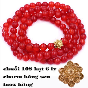 Bộ Vòng Chuỗi, Tràng Hạt 108 Hạt 6 Ly Đá Thạch Anh Đỏ Charm Hoa Sen Inox - Tràng Chuỗi Niệm Phật - An Yên - Thịnh Vượng - May Mắn - Tài Lộc - Bình An