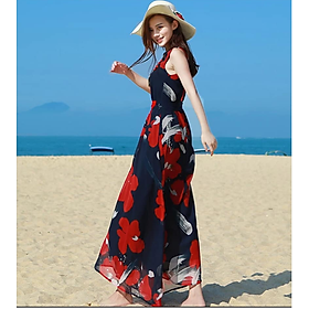 ĐẦM MAXI ĐI BIỂN HOA ĐỎ CỘT DÂY