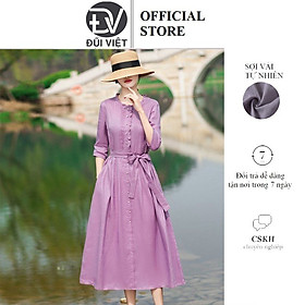 Đầm linen nữ cổ bèo nhăn, phối cúc, kiểu dáng Retro thời trang nữ Đũi Việt DVDA62