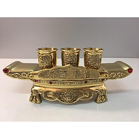 Mua Đồ thờ cúng bằng đồng  Bộ Khay chén 3 đồng vàng ( ly chén có khắc hoa sen ) đồng TỊNH PHƯƠNG KH18606