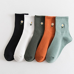 Set 5 Đôi Tất Nữ Cổ Cao Cao Cấp, Vớ Nữ Cao Cổ Họa Tiết Hoa Cúc - FIVE-CAO-HOACUC-CB5