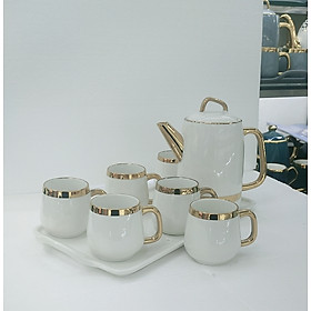 Bộ bình trà ( ấm chén ) kèm khay pha trà, cà phê viền vàng cao cấp mẫu mới