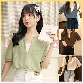 SET 2 ÁO LIỀN NHAU len dệt kim Montoghi Quảng Châu cổ V dáng croptop nhúm eo siêu xinh