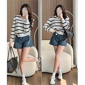 Áo len kẻ cổ viền QC dáng suông nhẹ, chất len tiêu lông mềm mịn