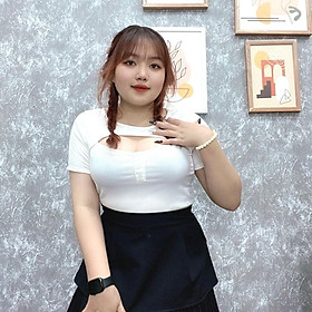 Áo thun tay ngắn xẻ ngực dáng dài bigsize cổ tròn hottrend, Áo phông chất gân tăm co giãn phom rộng 60-95kg G108 - Trắng