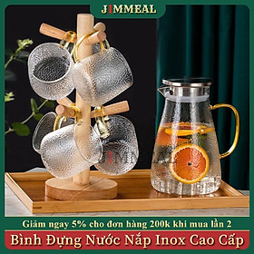 Bộ Bình Thủy Tinh Đựng Nước Chịu Nhiệt Nắp Inox 304 Vân Sần Phong Cách Nhật 1500ml (1 Bình + 6 Ly)