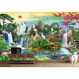 Mua Tranh dán tường 3D sơn thủy hữu tình - vải lụa phủ kim sa (Kích thước theo yêu cầu)
