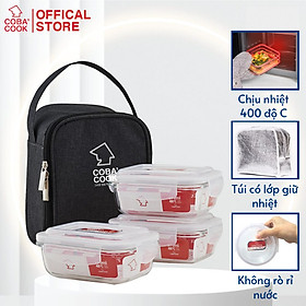 Bộ Hộp Đựng Cơm Thủy Tinh 3 Hộp Kèm Túi Vải Giữ Nhiệt