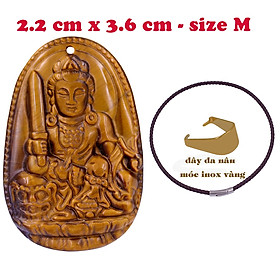 Mặt Phật Văn thù đá mắt hổ 3.6 cm kèm vòng cổ dây da nâu - mặt dây chuyền size M, Mặt Phật bản mệnh