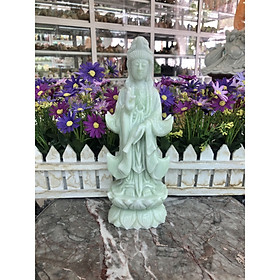 Tượng Phật Bà Quan Thế Âm Bồ Tát đứng đài sen cầu bình an đá cẩm thạch trắng xanh - Cao 25 cm