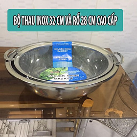 Thau rửa rau, quả, trộn salad 32 cm và rổ lưới inox có đế 28 cm có quai