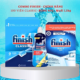 Combo Viên rửa bát Finish Classic 100 viên + Muối Finish 1.2kg + Nước làm bóng Finish 400ml