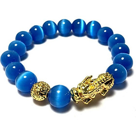 Vòng tay phong thủy đá mắt mèo màu xanh nước kèm cham tì hiu bạc mạ vàng 24k cao cấp cho người mệnh mộc - mệnh thủy - VPT34A- Bạc QTJ (Xanh nước)