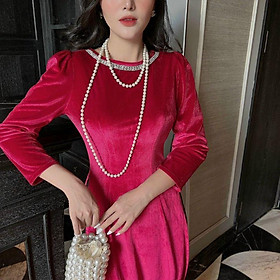 SÉT ÁO DÀI NHUNG TAY BỒNG CỔ ĐÁ CAO CẤP