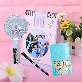 Combo lịch để bàn BTS quạt sạc mini BTS tặng kèm bút in hình BTS sổ tay BTS