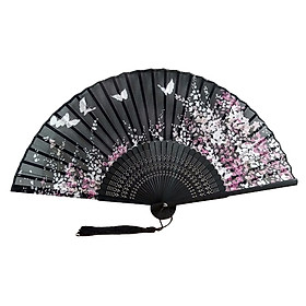 Quạt gấp cổ phong tua rua điệp luyến bướm trắng hoa tím trắng nền đen