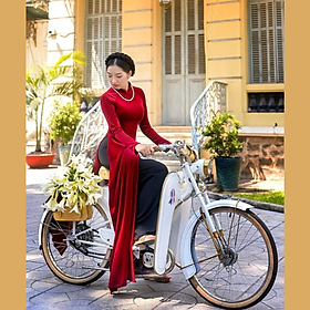 Áo dài nhung đỏ và xanh đậm truyền thống cao cấp sang trọng đi lễ cưới hỏi may sẵn - Áo dài Việt