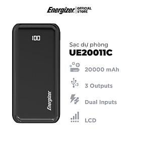 Sạc dự phòng Energizer 20.000 mAh/3.7V Li-Polymer - UE20011C -Tích hợp 2 cổng USB output & 2 cổng input - Hàng Chính Hãng - Đen