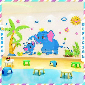 Tranh dán tường mica 3d decor khổ lớn những chú voi trong rừng trang trí mầm non, mẫu giáo, phòng cho bé