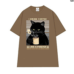 Cao cấp - Áo thun tay lỡ unisex nam nữ oversize in hình Mèo đen I drink coffee vui nhộn
