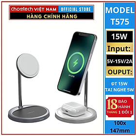 Đế sạc không dây Mag-safe 2in1 Choetech T575 có chứng nhận MFM dùng sạc cho Iphone và cho Airpods (Hàng chính hãng)