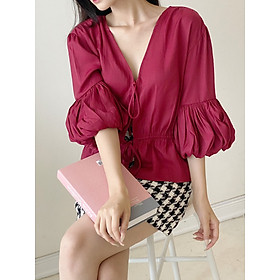 YU CHERRY | Áo cột nơ trước ngực, tay bồng Puff Sleeve Tie Top YA434