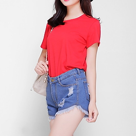 Áo Thun Nữ Trơn Màu Đỏ Tươi Form Basic Tay Ngắn Cổ Tròn