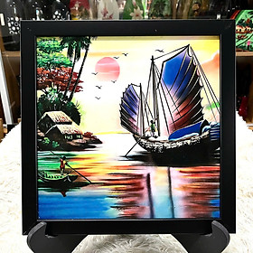 Tranh sơn mài đồng quê vẽ màu đẹp Thanh Bình Lê, hàng xuất khẩu 30x30 cm