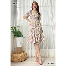 Đầm caro đuôi cá xếp ly BEMINE MT1549TIM
