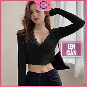 Áo croptop cổ V phối ren tay dài nữ OZENKA , crt ôm body đẹp len gân cotton 100% màu đen trắng