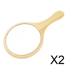 2xPortable Round Wooden Handheld Beauty Makeup Hand Mirror with Hanging Handle