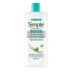 Tẩy trang Simple Daily Skin Detox Oil Be Gone Micellar Cleansing Water (xanh dương da dầu) - 400ml (Bill Anh)