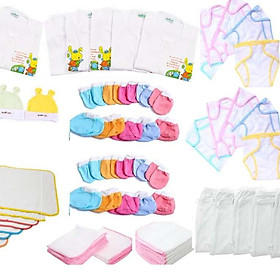 Set 85 Món Đồ Dùng Cho Bé Sơ Sinh( 10 áo trắng nút giữa + 15 tã + 15 khăn + 10 cặp bao tay + 10 cặp bao chân + 5 nón + 5 quần + 15 tã lót )