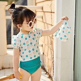 Bộ bơi bé gái nhỏ 2 mảnh xinh xắn kèm mũ, mẫu cộc tay quần cạp cao dễ mặc, mẫu đẹp chất thun bơi dày dặn, co giãn tốt | BT33